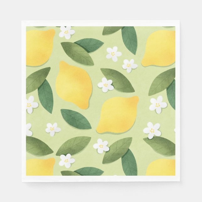 Lemons ans White Flowers on Green Background Napkin (Front)