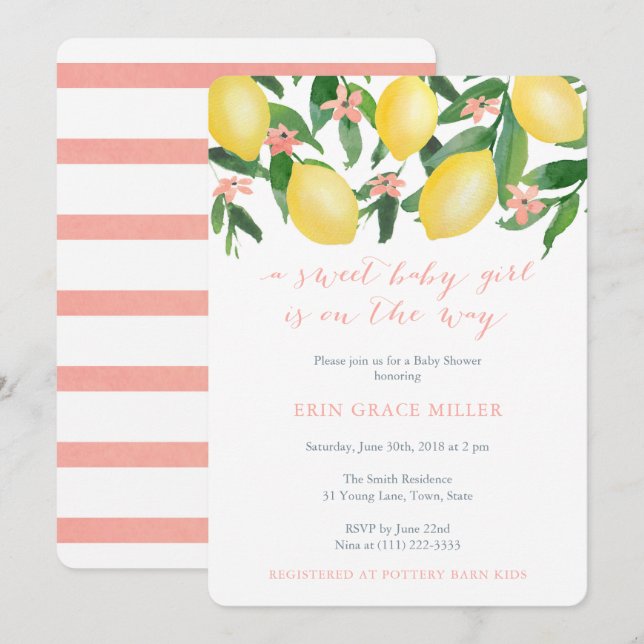 Lemons Baby Shower, Sweet Baby Girl On The Way Invitation (Front/Back)