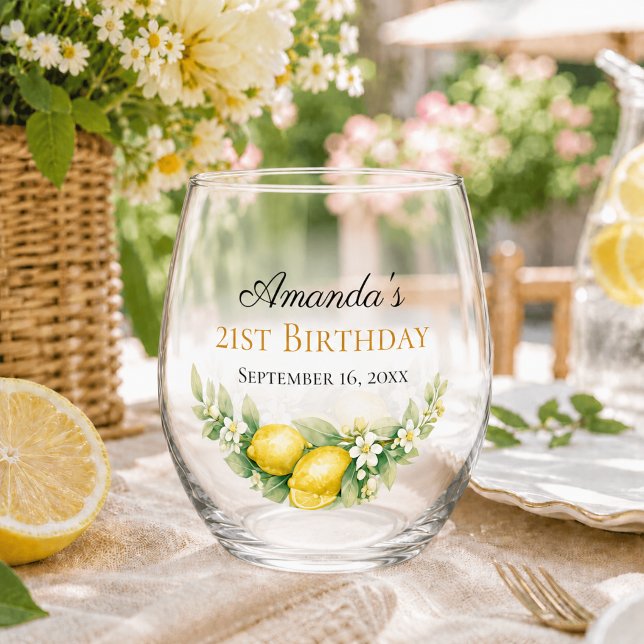 Lemons birthday party stemless wine glass (Creator Uploaded)