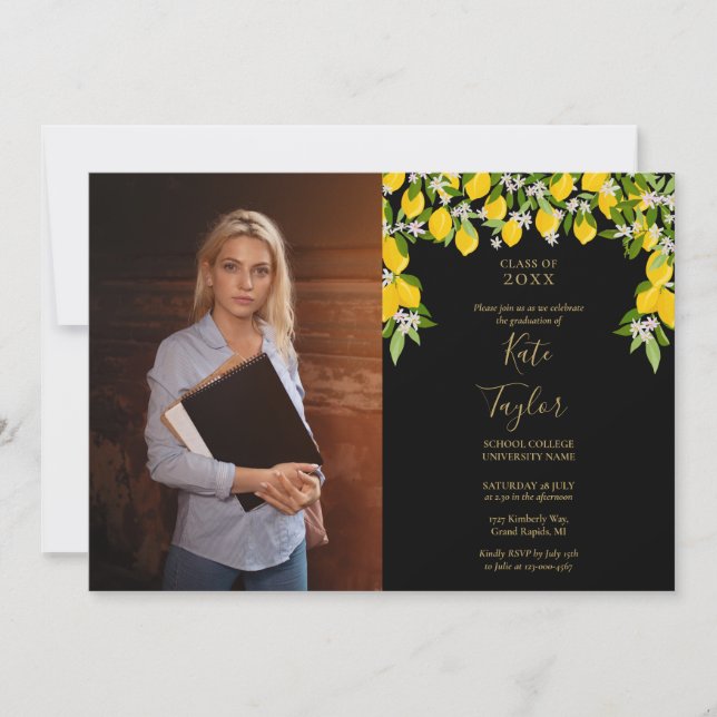 Lemons Black And Gold Graduation Party Photo Invitation (Front)