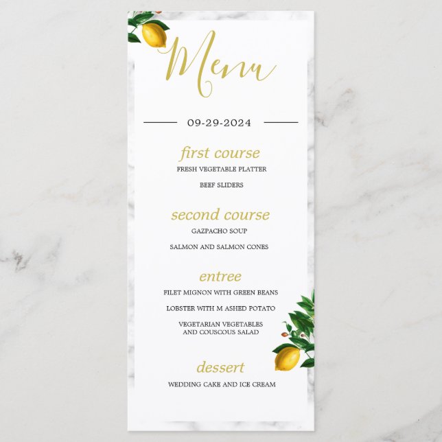 Lemons Black White Marble Summer Monogram Menu (Front)