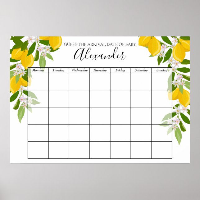 Lemons Blossom Baby Shower Guess The Due Date Poster (Front)