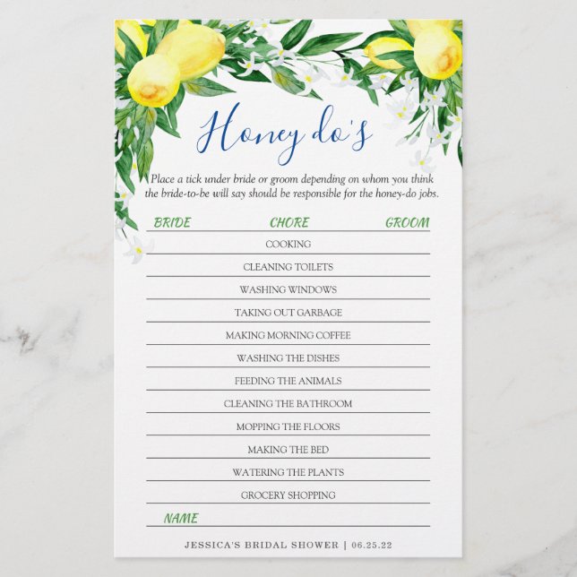 Lemons Blossom Double-Sided Bridal Shower Game (Front)