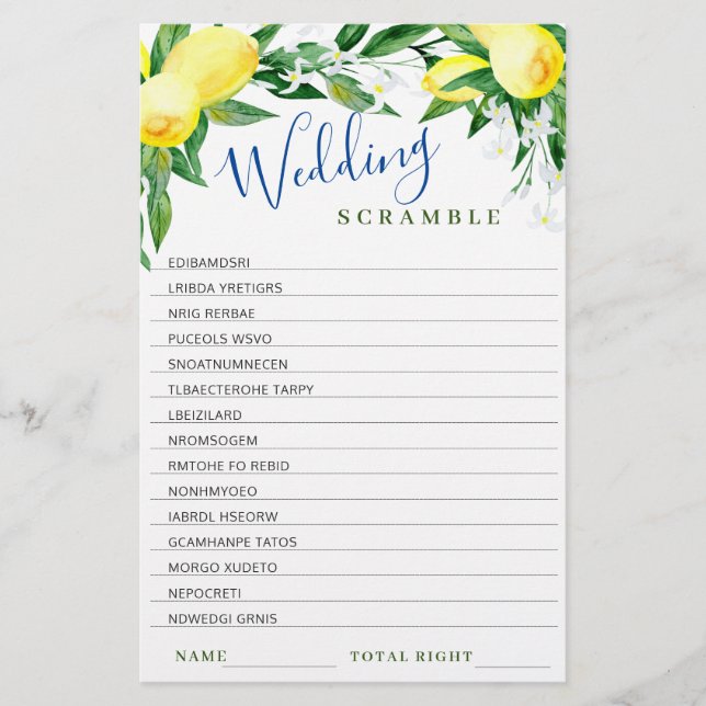 Lemons Blossom Double-Sided Bridal Shower Game (Front)