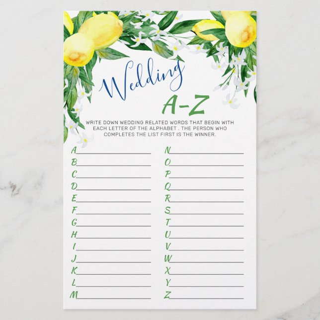 Lemons Blossom Double-Sided Bridal Shower Game (Front)