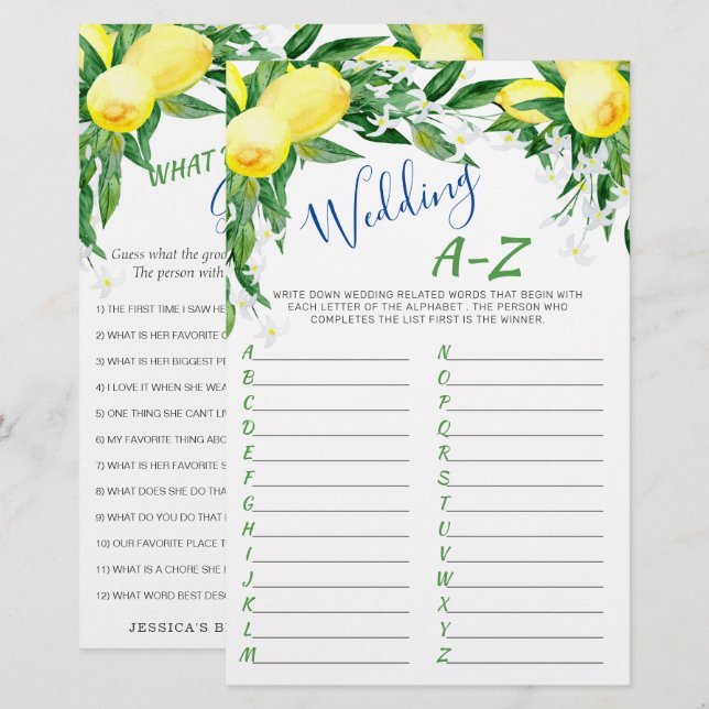 Lemons Blossom Double-Sided Bridal Shower Game (Front/Back)