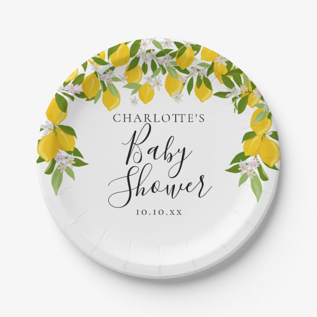 Lemons Blossom Greenery Baby Shower Paper Plate (Front)