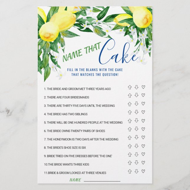 Lemons Blossom Greenery Chic Bridal Shower Game (Front)
