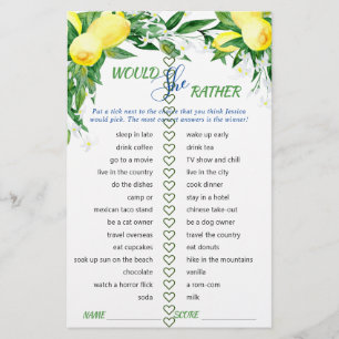 Lemons Blossom Greenery Chic Bridal Shower Game