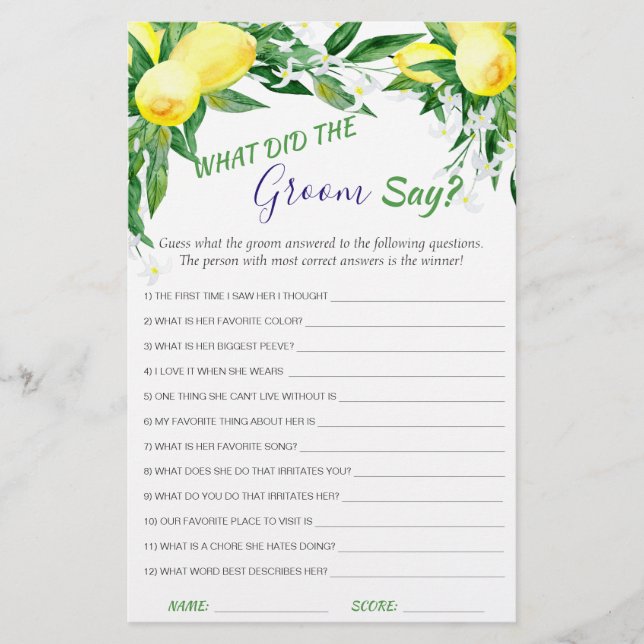 Lemons Blossom Greenery Chic Bridal Shower Game (Front)