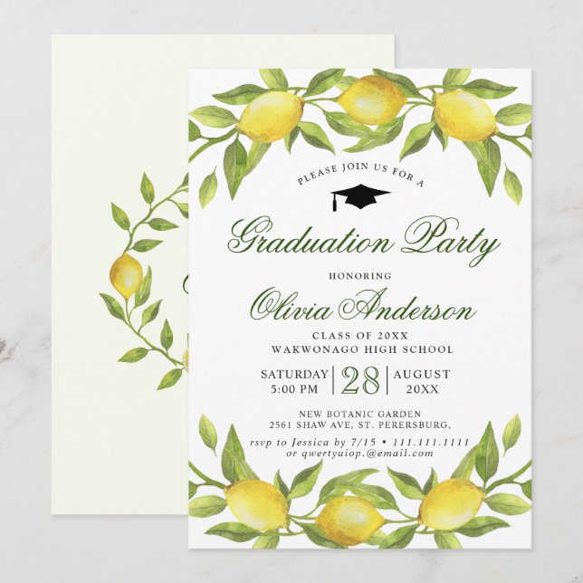 Lemons Blossom Greenery Chic Graduation Party Invitation (Front/Back)