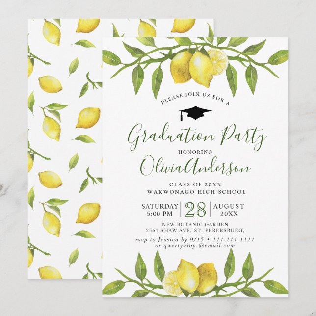 Lemons Blossom Greenery Chic Graduation Party Invitation (Front/Back)