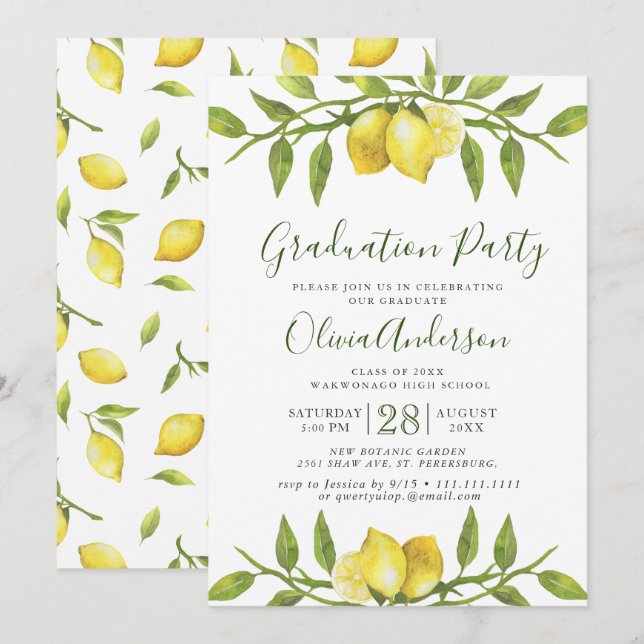 Lemons Blossom Greenery Chic Graduation Party Invitation (Front/Back)