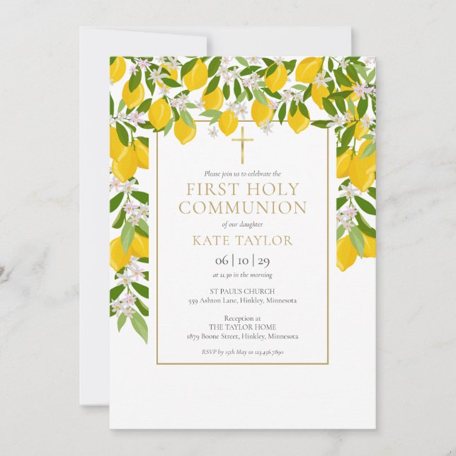Lemons Blossom Greenery First Holy Communion Invitation (Front)