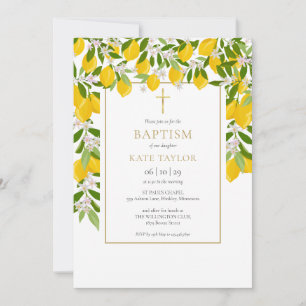 Lemons Blossom Greenery Gold Baptism Christening Invitation