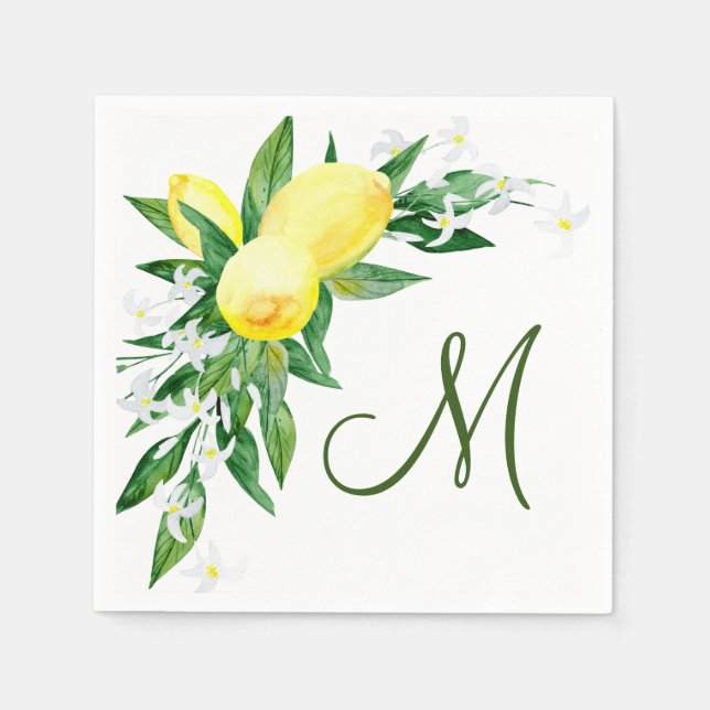 Lemons Blossom Greenery Monogram Party Paper Napkin (Front)