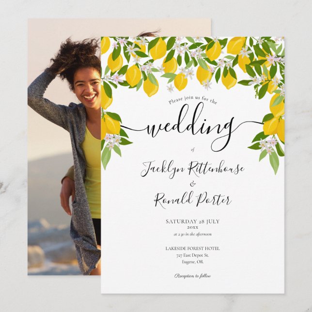 Lemons Blossom Greenery Photo Wedding Invitation (Front/Back)