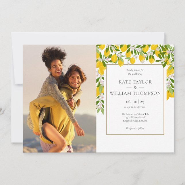 Lemons Blossom Greenery Photos Wedding Invitation (Front)