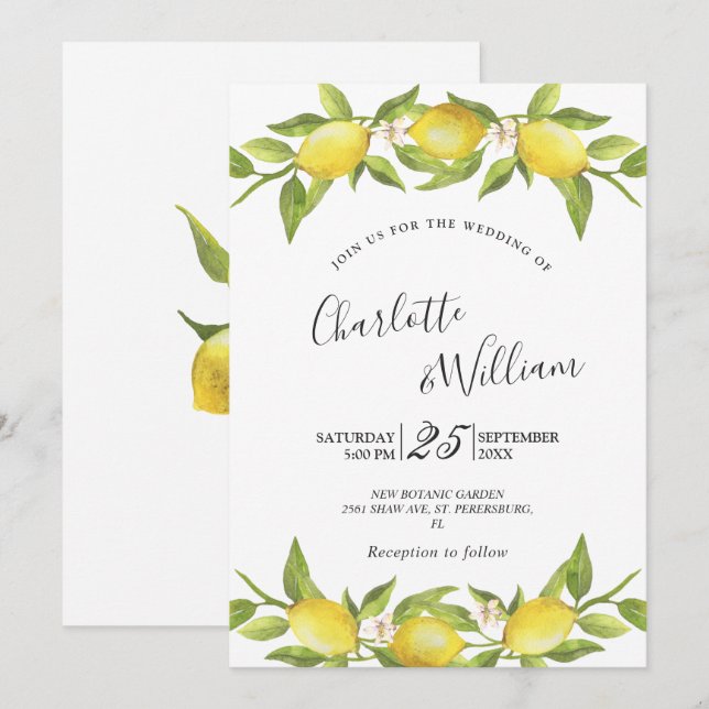 Lemons Blossom Greenery Watercolor Wedding Invitation (Front/Back)