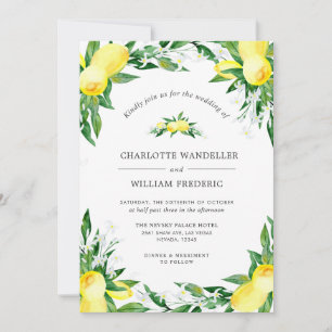 Lemons Blossom Greenery Watercolor Wedding Invitation