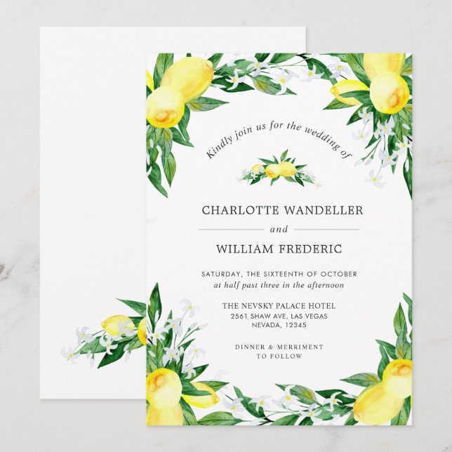 Lemons Blossom Greenery Watercolor Wedding Invitation (Front/Back)