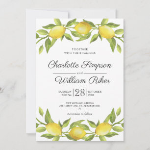 Lemons Blossom Greenery Watercolor Wedding Invitation