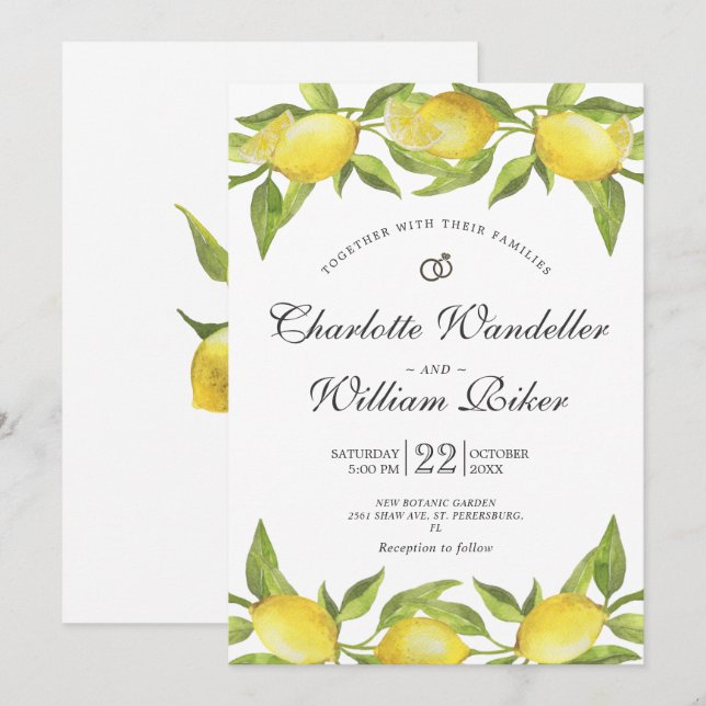 Lemons Blossom Greenery Watercolor Wedding Invitation (Front/Back)