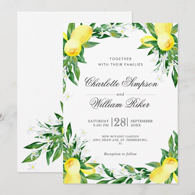 Lemons Blossom Greenery Watercolor Wedding Invitation (Front/Back)