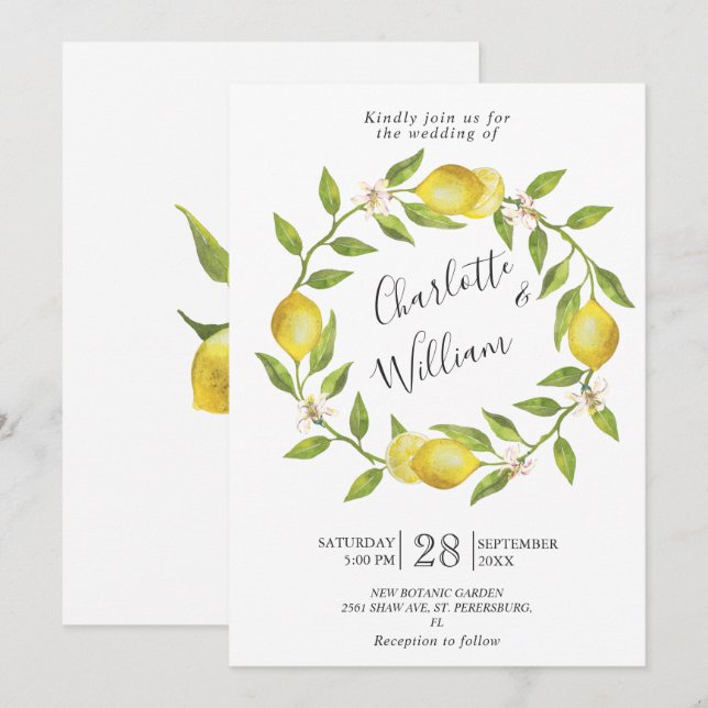 Lemons Blossom Greenery  Watercolor Wedding Invitation (Front/Back)