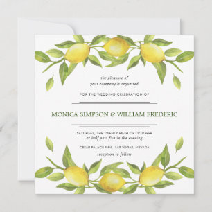 Lemons Blossom Greenery Watercolor Wedding Invitation