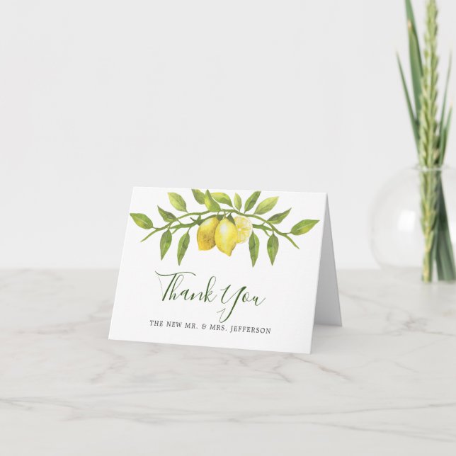 Lemons Blossom Greenery Watercolor Wedding Thank You Card (Front)
