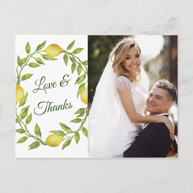 Lemons Blossom Greenery Wedding Photo Thank You Postcard (Front)