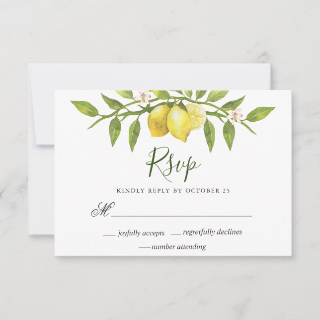 Lemons Blossom  Greenery Wedding RSVP Card (Front)