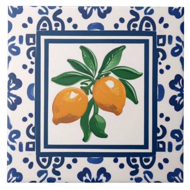 Lemons Blue and White Tribal Folk Art Pattern Tile (Front)