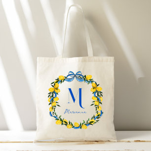 Lemons blue bow personalised bridesmaids gifts tote bag