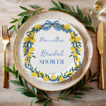 Lemons blue bow ribbon bridal shower monogrammed paper plate<br><div class="desc">Lemons blue bow ribbon coquette bridal shower personalised paper plates template,   citrus lemons blue and yellow bridal shower monogrammed paper plates template; summer bridal shower party plates,  personalised Italian lemons personalised table decor</div>