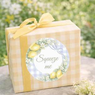 Lemons blue gingham boy squeeze me party favour classic round sticker