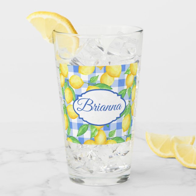 Lemons & Blue Gingham Personalised Glass (Front Ice)