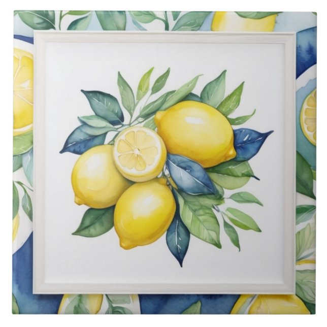 Lemons Blue Green Yellow White Watercolor Tile (Front)