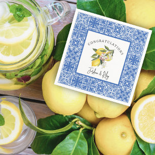 Lemons & Blue Mediterranean Tile Wedding Shower Napkin