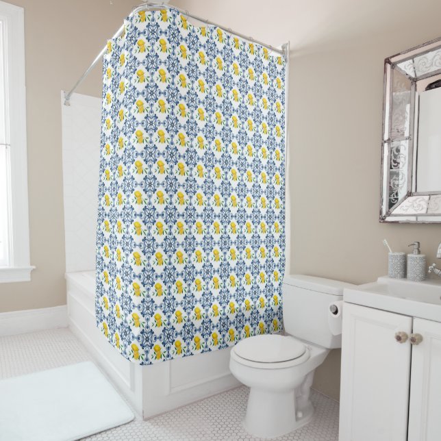 Lemons & Blue Moroccan Tile Pattern Shower Curtain (In Situ)