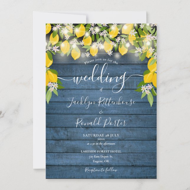 Lemons Blue Rustic Wood String Lights Wedding Invitation (Front)