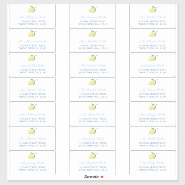 Lemons Blue Text Guest Envelope Address Labels (Sheet)