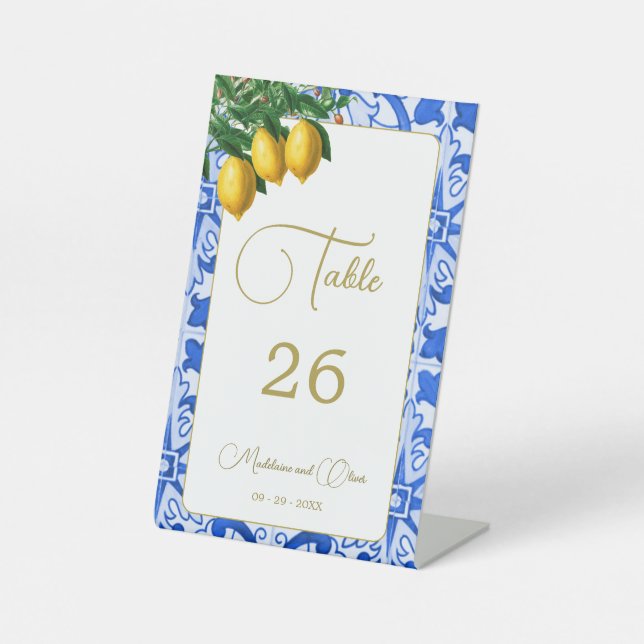 Lemons Blue Tile Elegant Simple Wedding  Pedestal Sign (Front)