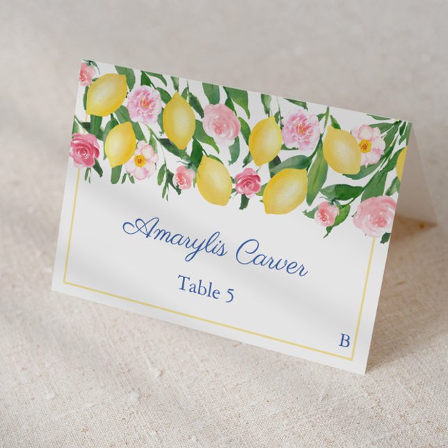 Lemons Blue Tile Meal Choice Wedding Place Card (Lemons with pink flowers individual place card design with blue and white Italian tile print)