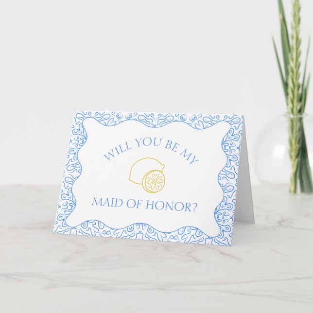 Lemons Blue Tiles Italian Maid of Honour Proposal Card (Front)
