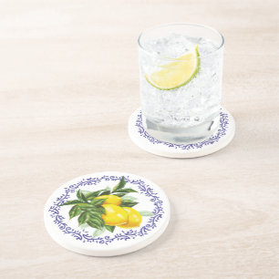 Lemons Blue Toile Filigree Circle  Coaster