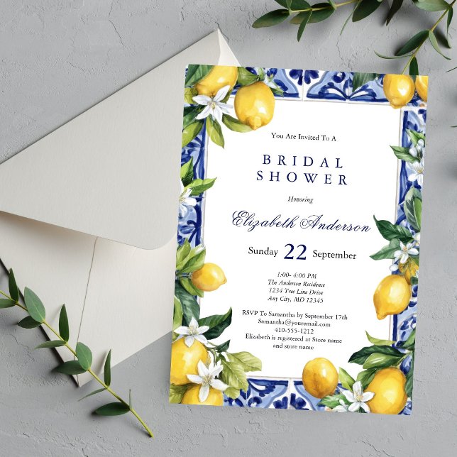 Lemons Blue White Mediterranean Tile Bridal Shower Invitation (Lemons Blue white Mediterranean Tile White Florals Greenery Bridal Shower Invitation)