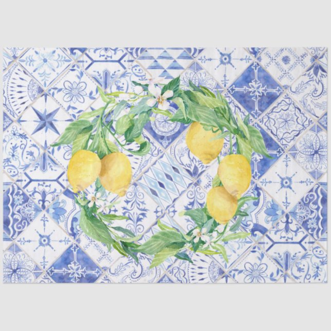 Lemons Blue White Rustic Farmhouse Tile Decoupage Tissue Paper (Front)