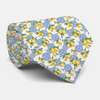 Lemons Blue White Tile Mediterranean Wedding Groom Tie